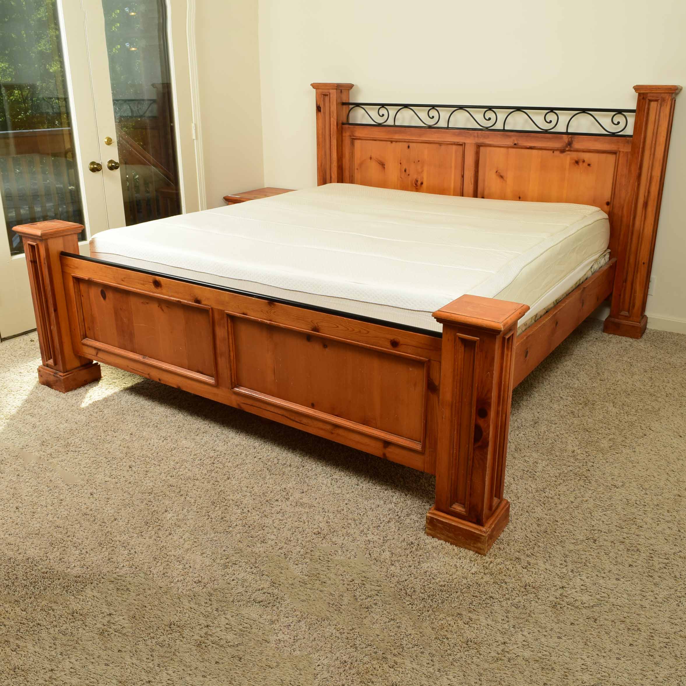 Country Style Pine and Iron King Bed