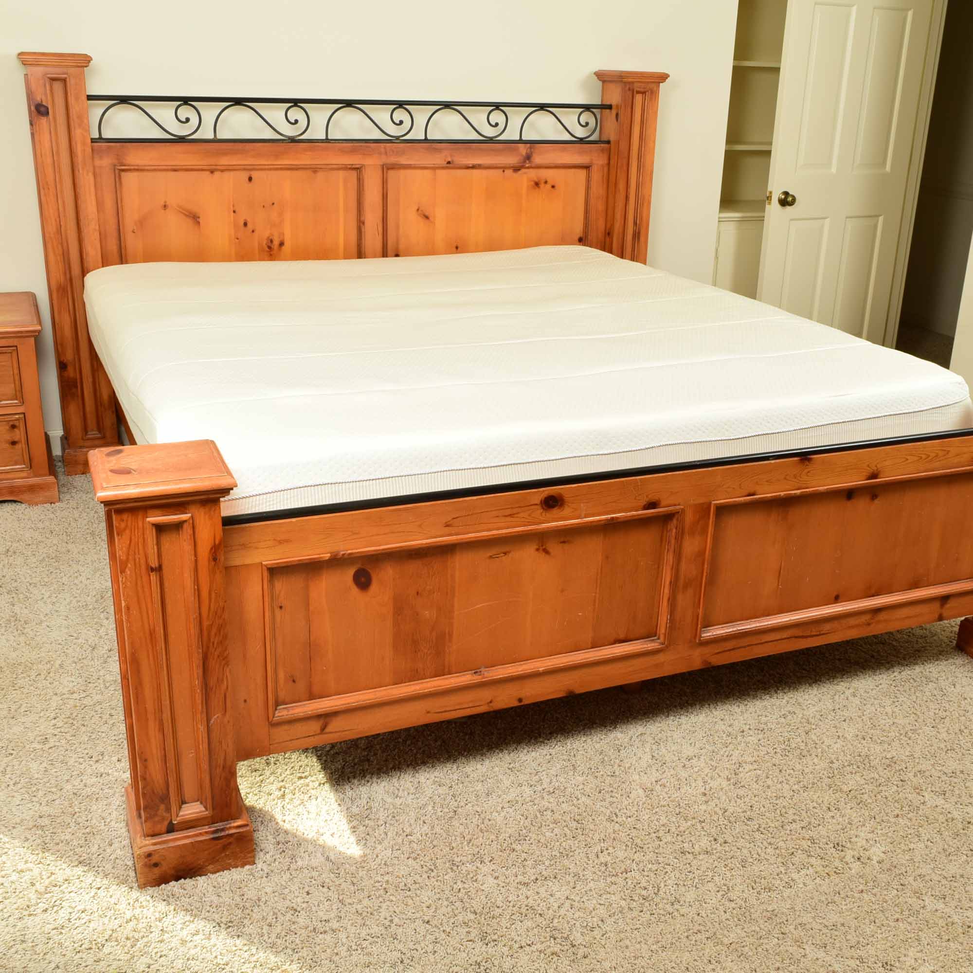 Country Style Pine and Iron King Bed