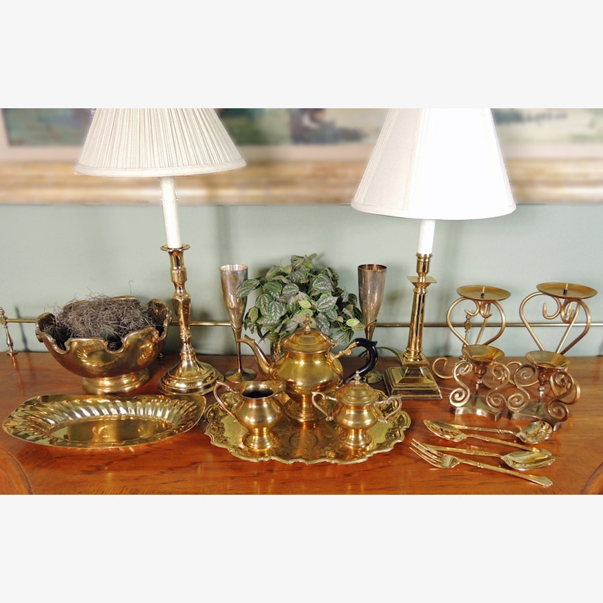 Vintage Gatco Brass Tea Set and Collection of Brass Decor