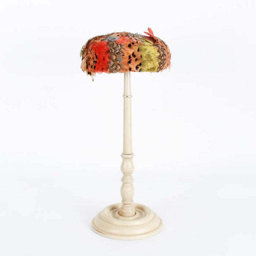 Feathered Pillbox Hat and Antique Hat Stand