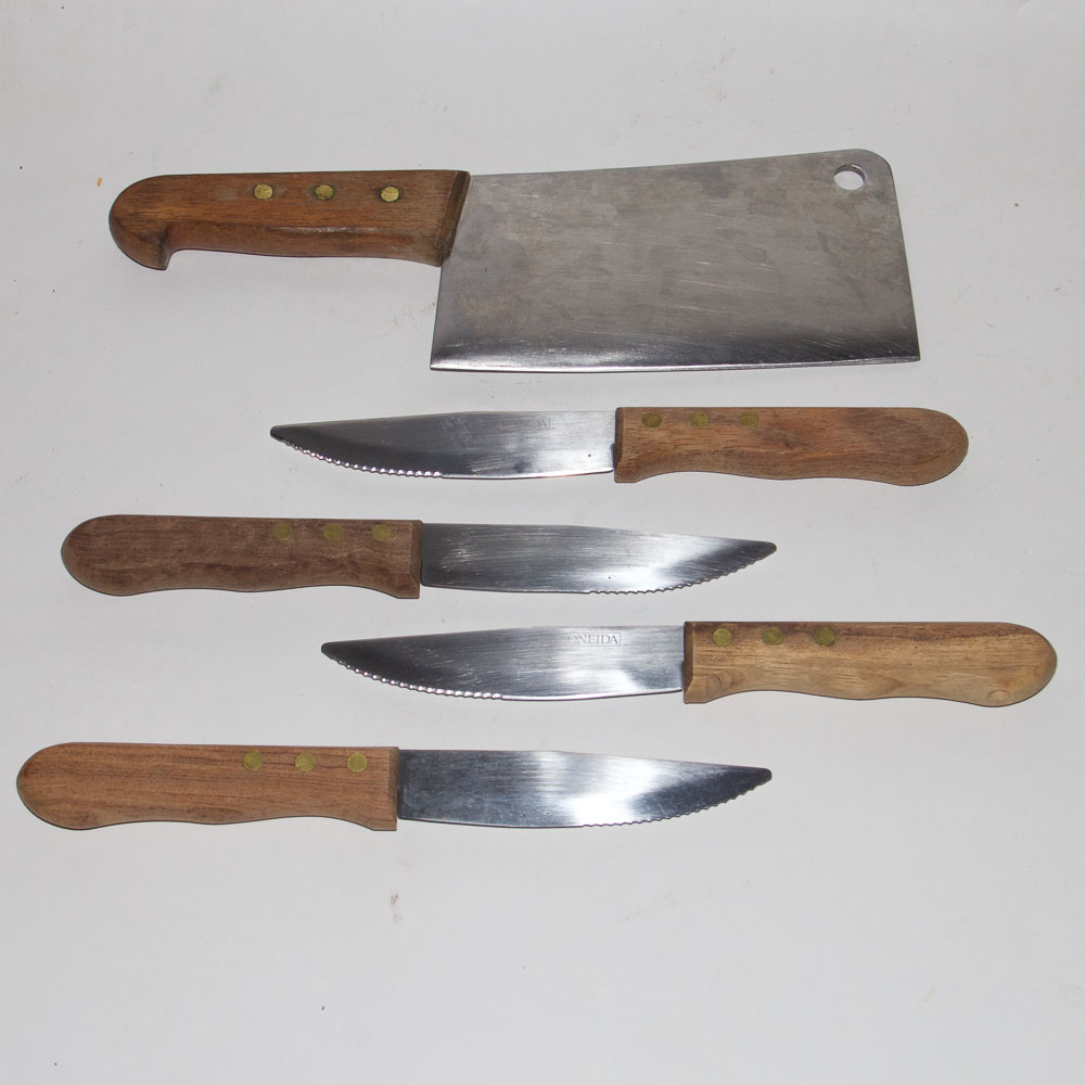 Set of Stainless Steel Steak Knives and Cleaver