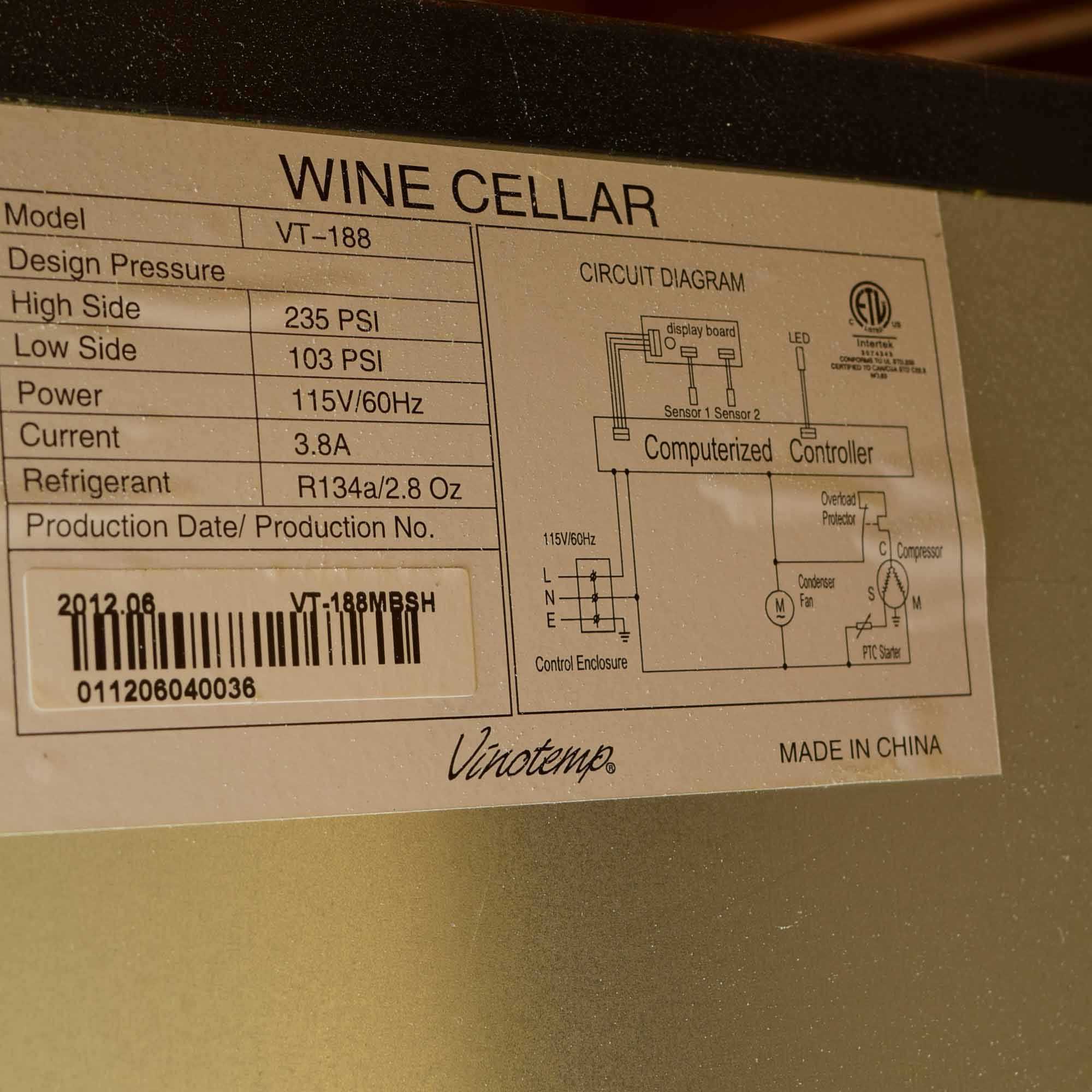 Vinotemp Wine Cooler Model VT 188MBSH