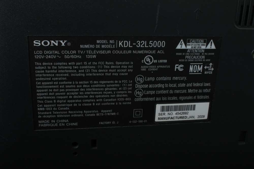 Sony "Bravia" KDL-32L5000 32" Flat Screen LCD TV