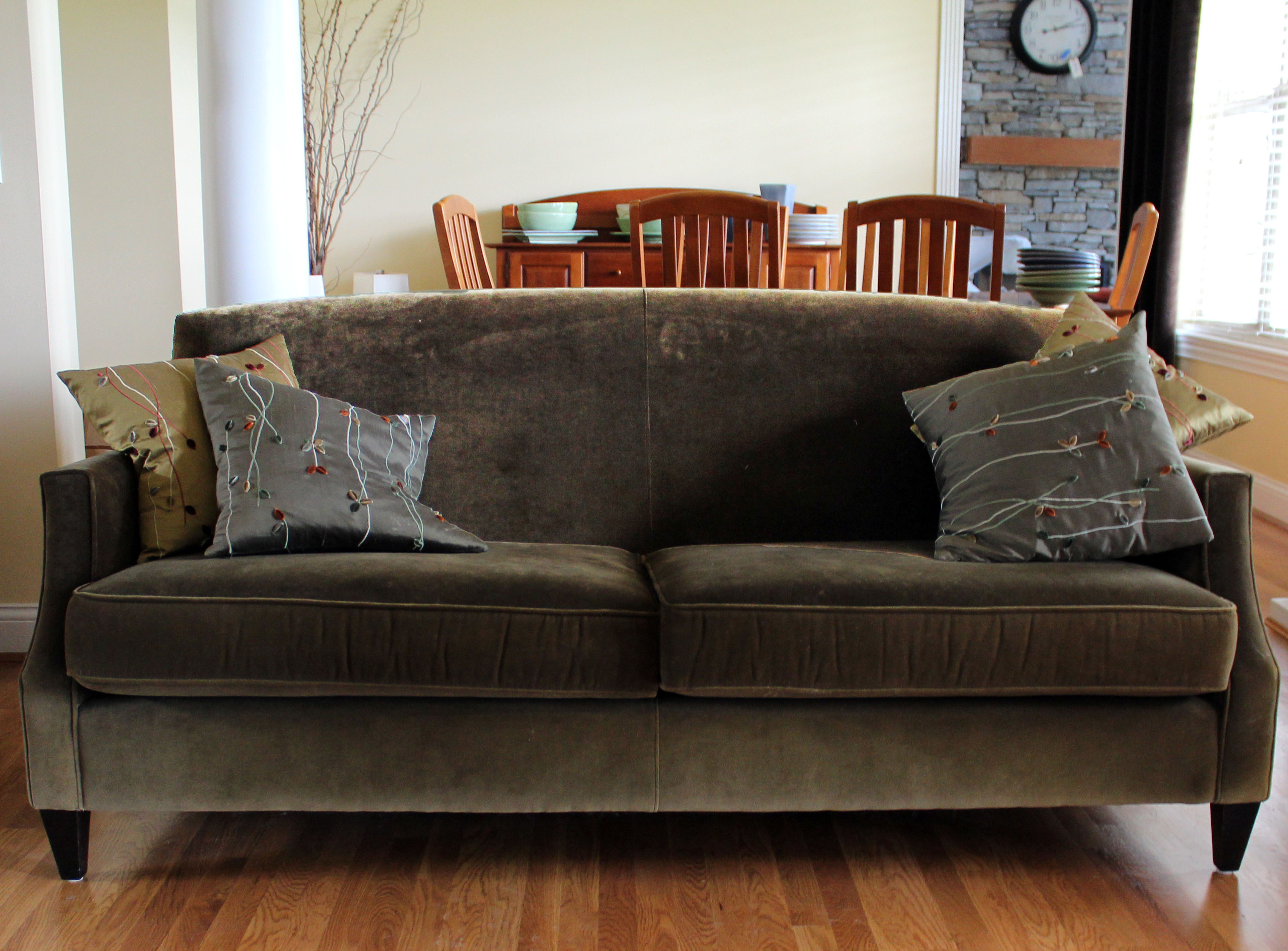 Crate and Barrel Green Velvet Sofa