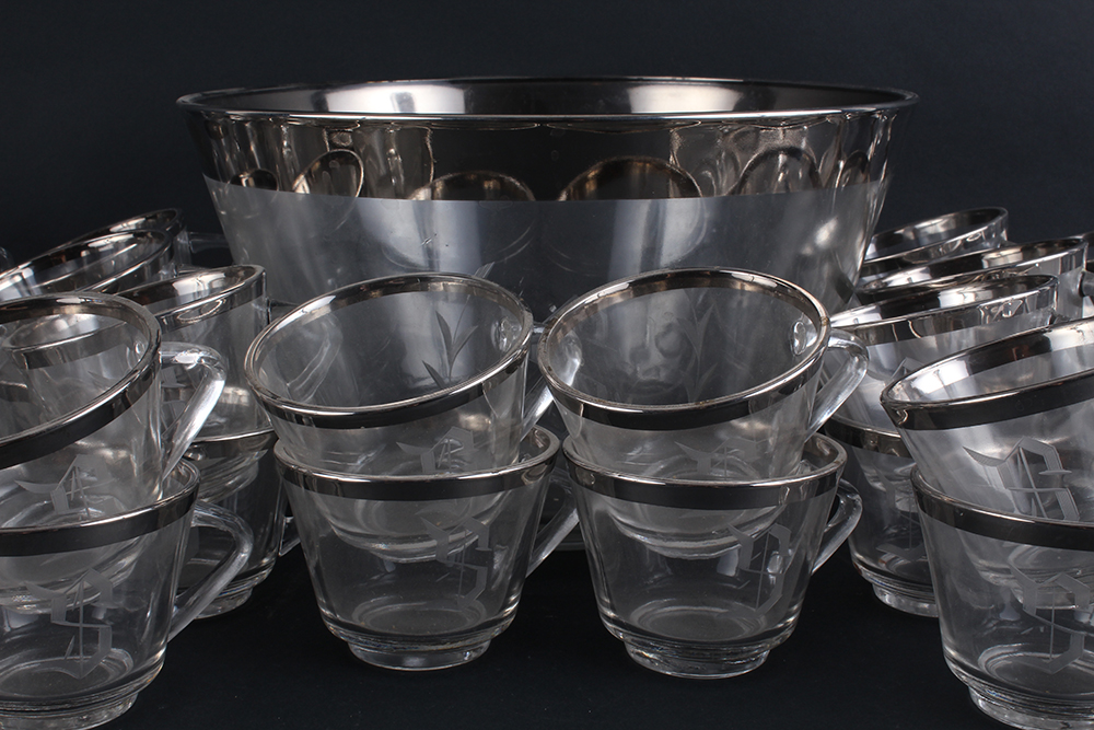 "S" Monogrammed Punch Bowl and Cups with Silver Bands
