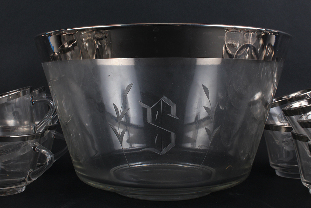 "S" Monogrammed Punch Bowl and Cups with Silver Bands