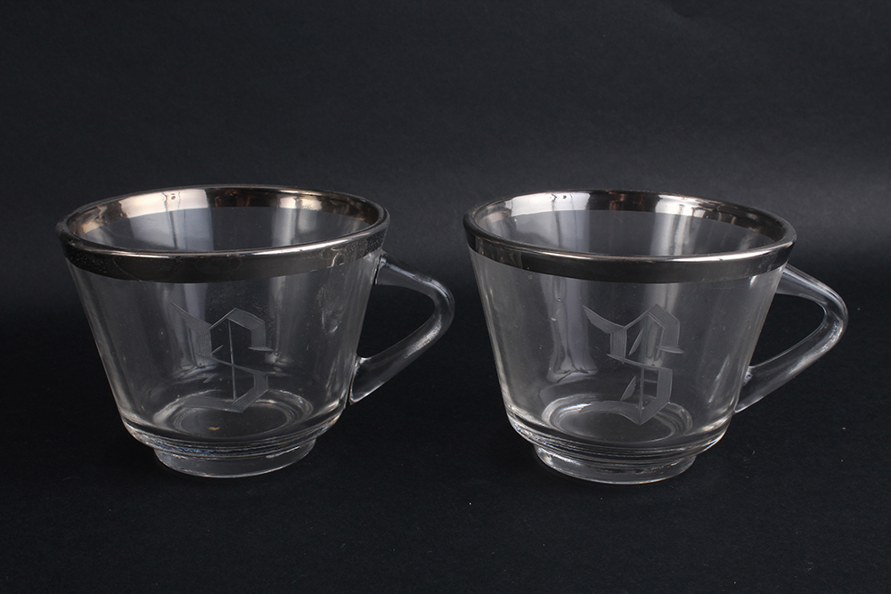 "S" Monogrammed Punch Bowl and Cups with Silver Bands