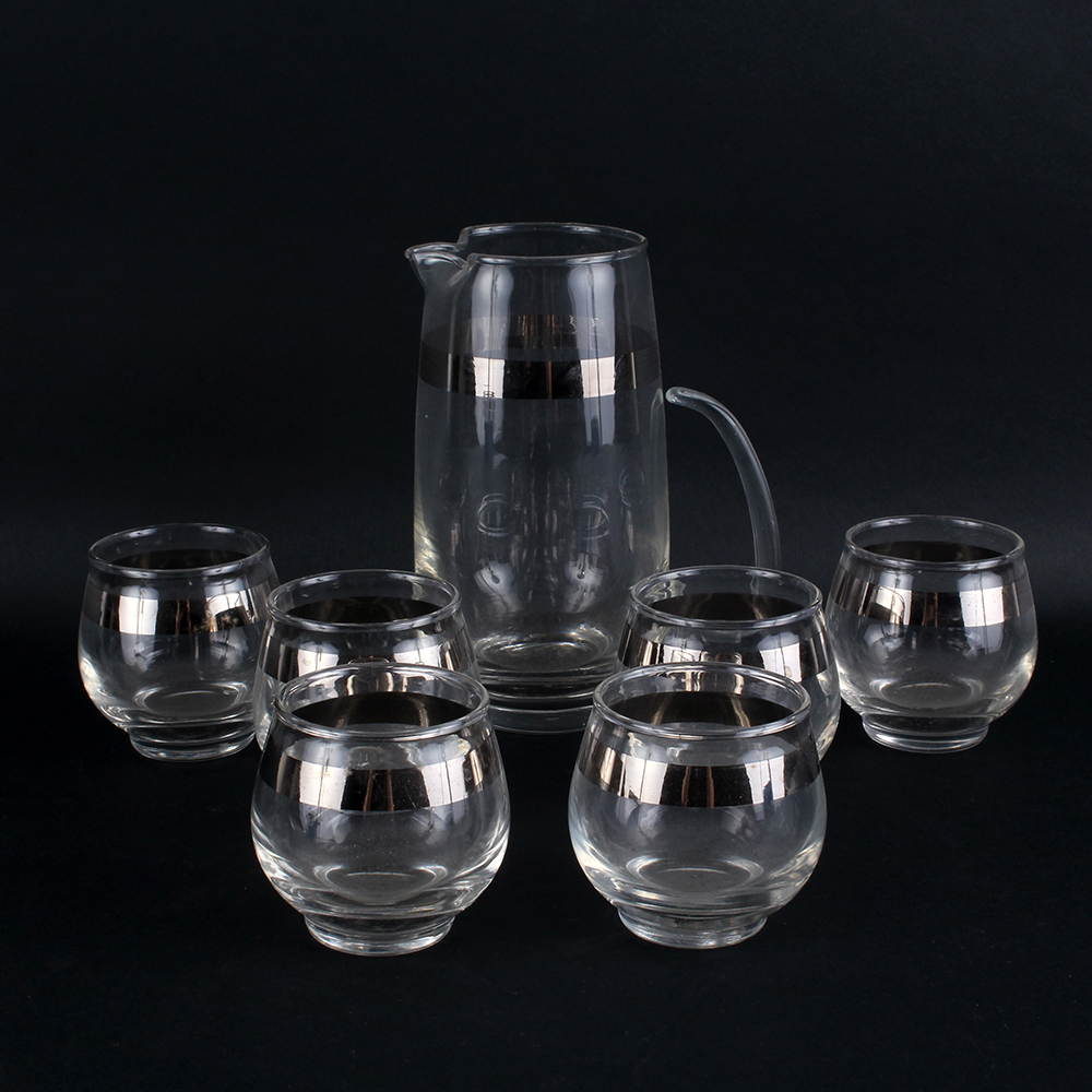 Silver Tone Banded Pitcher and Glasses