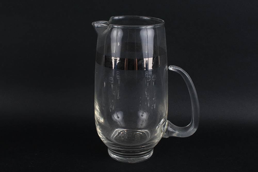 Silver Tone Banded Pitcher and Glasses