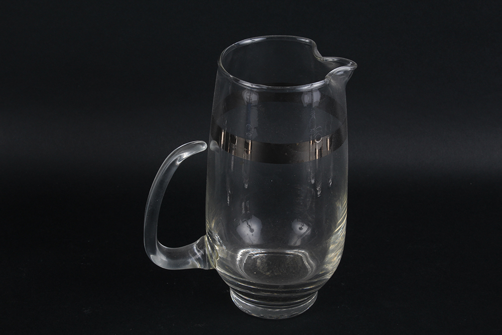 Silver Tone Banded Pitcher and Glasses