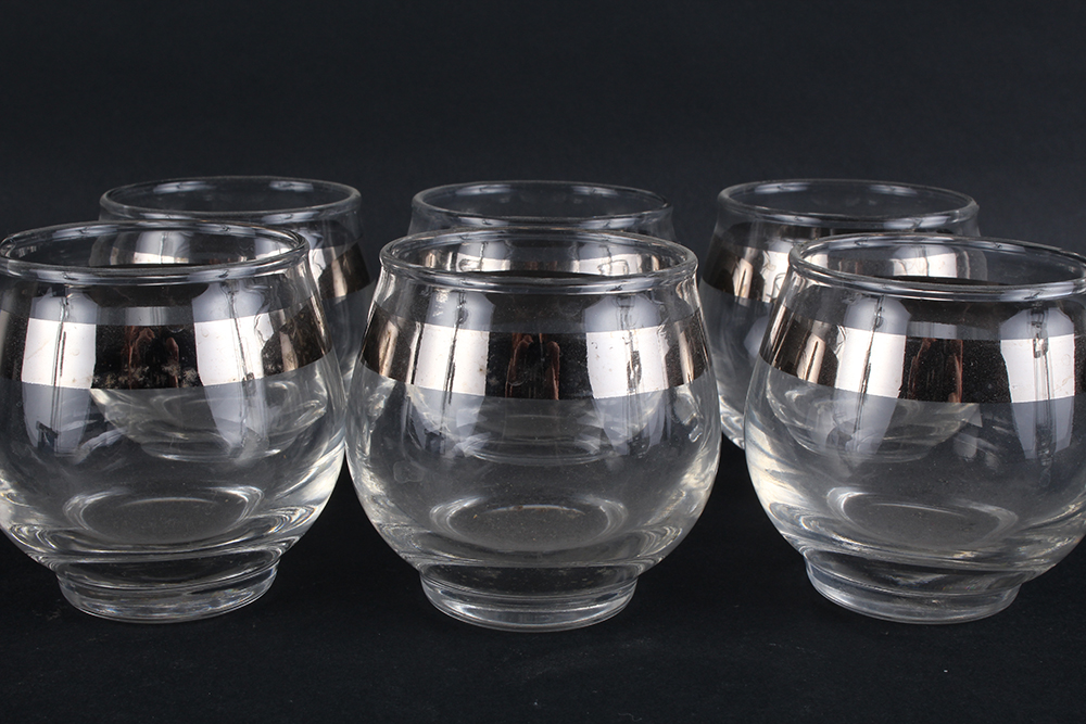 Silver Tone Banded Pitcher and Glasses