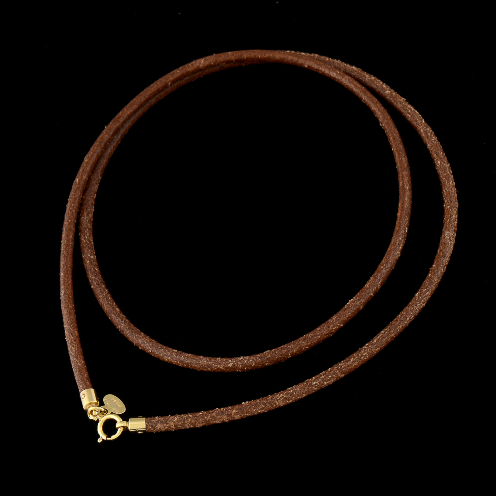 Milor Brown Leather Cord Necklace with 14K Yellow Gold End Caps, Tag and Clasp
