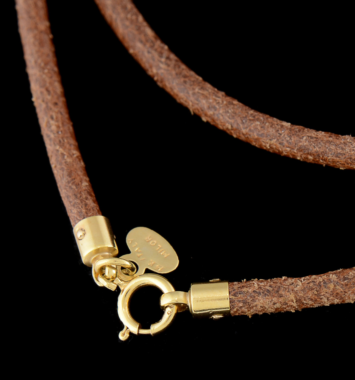 Milor Brown Leather Cord Necklace with 14K Yellow Gold End Caps, Tag and Clasp