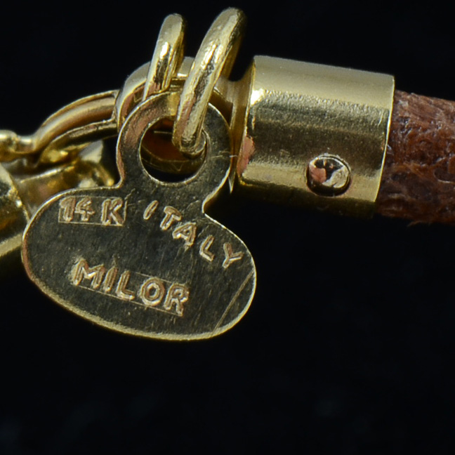 Milor Brown Leather Cord Necklace with 14K Yellow Gold End Caps, Tag and Clasp