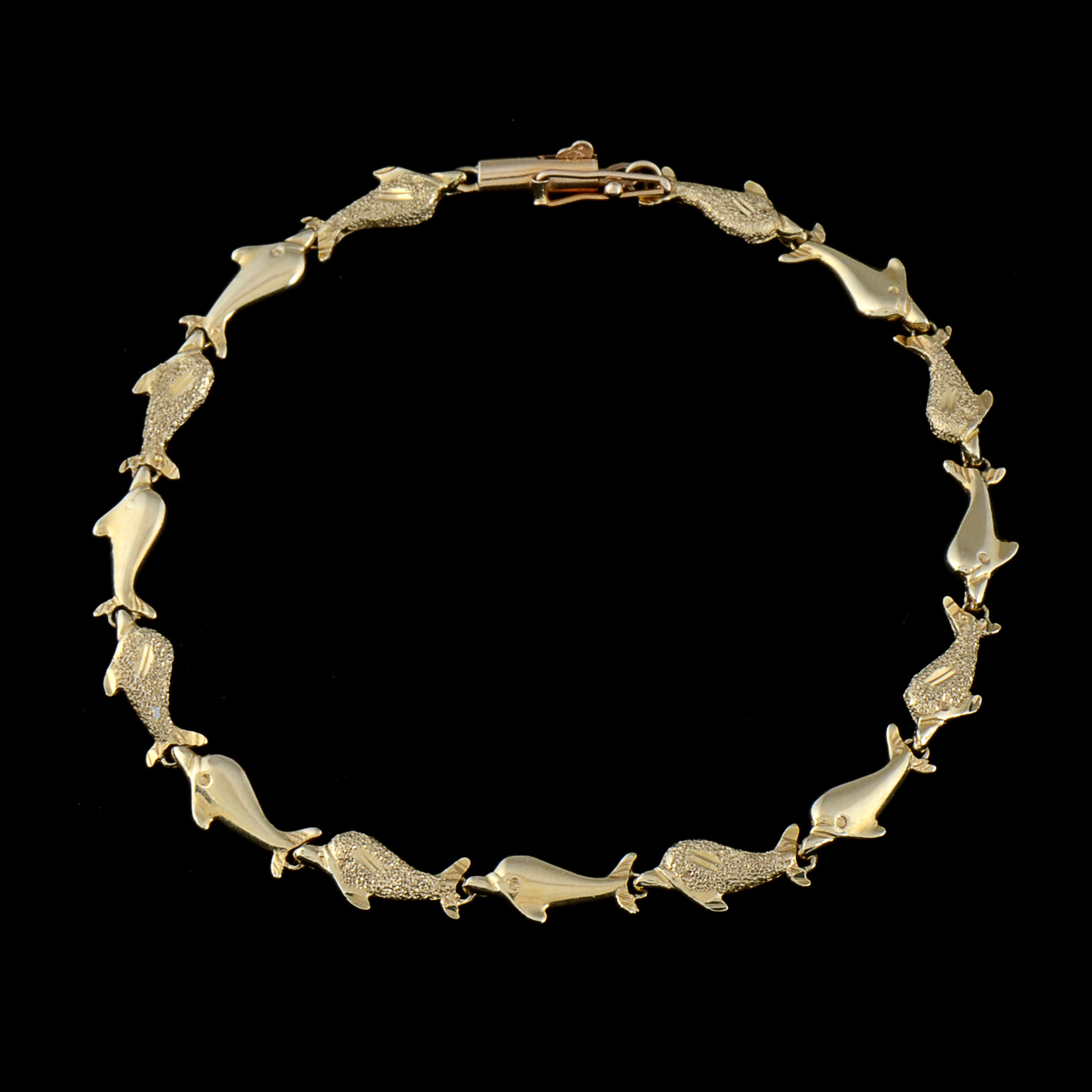 14K Yellow Gold Dolphin Link Bracelet with Sandblasted and High Polish Finish
