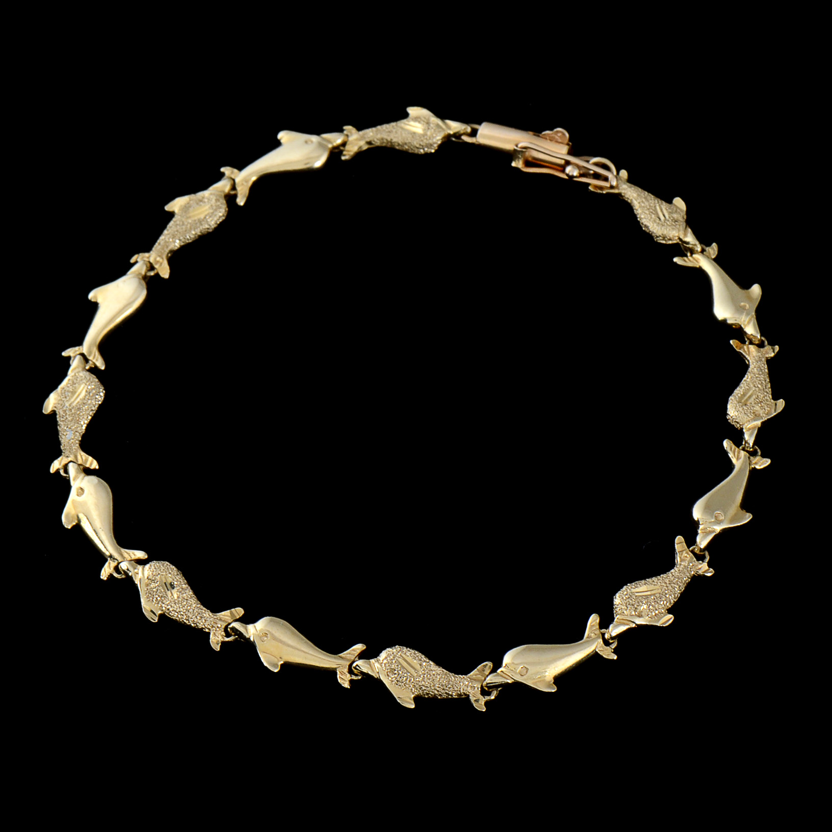 14K Yellow Gold Dolphin Link Bracelet with Sandblasted and High Polish Finish