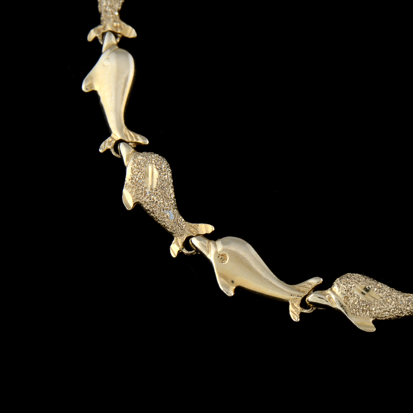 14K Yellow Gold Dolphin Link Bracelet with Sandblasted and High Polish Finish