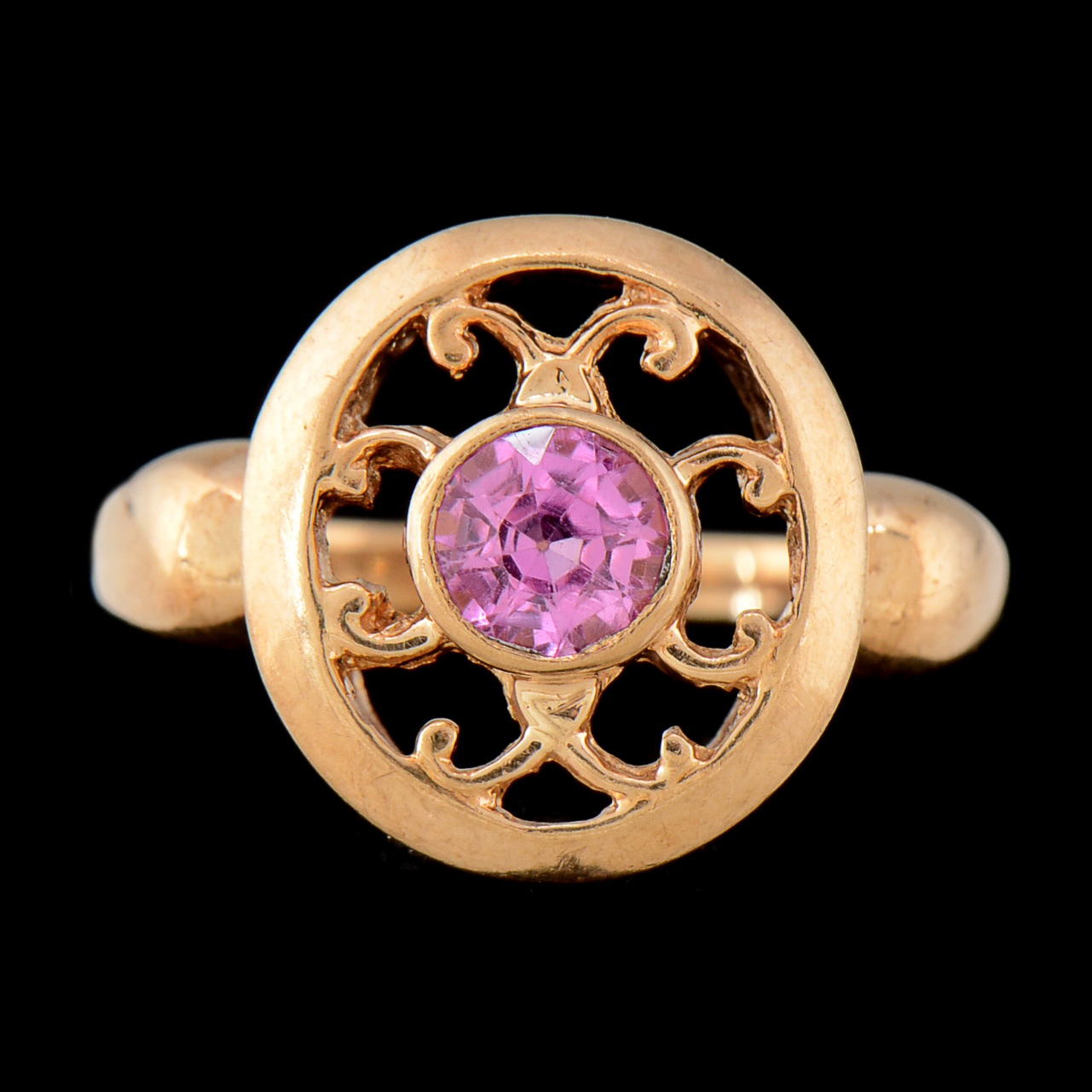 10K Yellow Gold and Synthetic Pink Sapphire Openwork Ring
