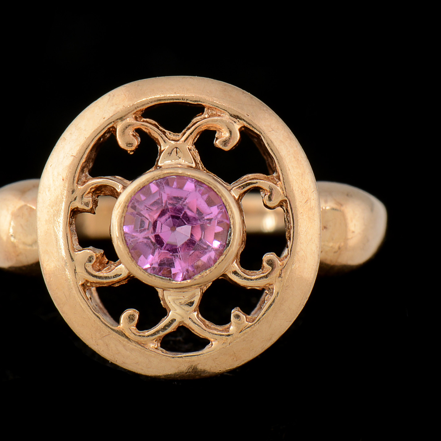 10K Yellow Gold and Synthetic Pink Sapphire Openwork Ring