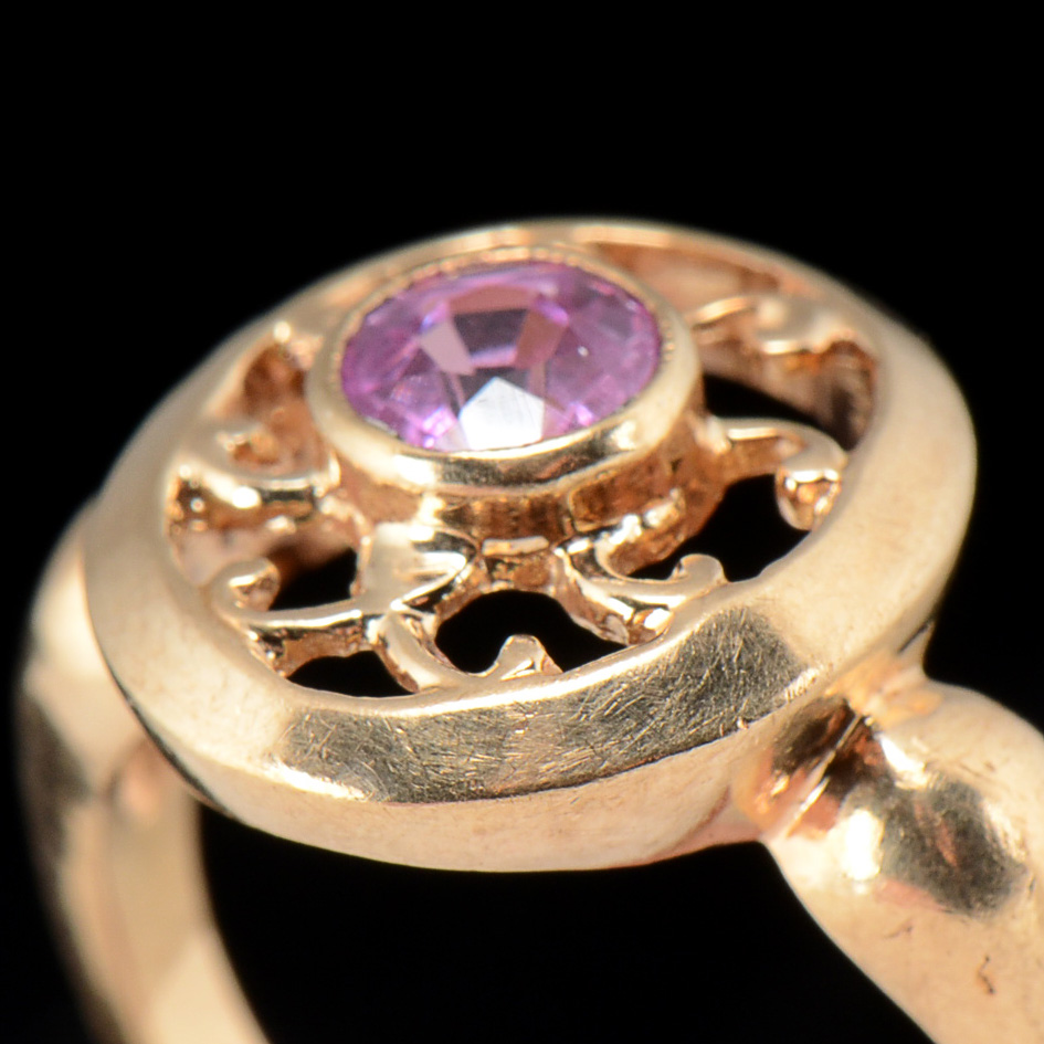 10K Yellow Gold and Synthetic Pink Sapphire Openwork Ring
