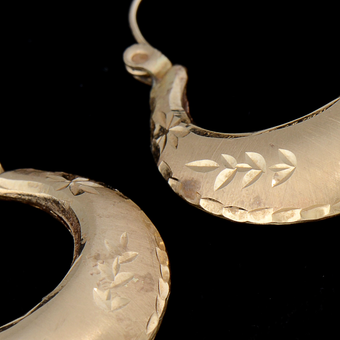 14K Yellow Gold Hollowware Hoop Earrings with Diamond Cut Accents