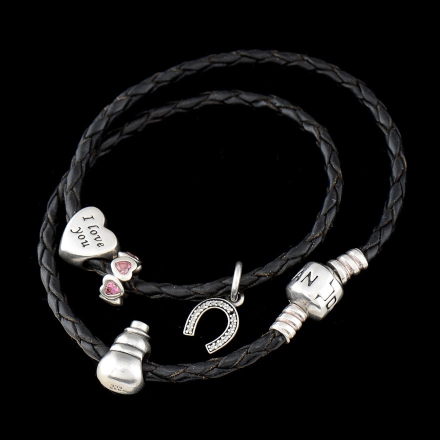 Pandora Sterling Silver Black Rope Cord Necklace with Four Charms