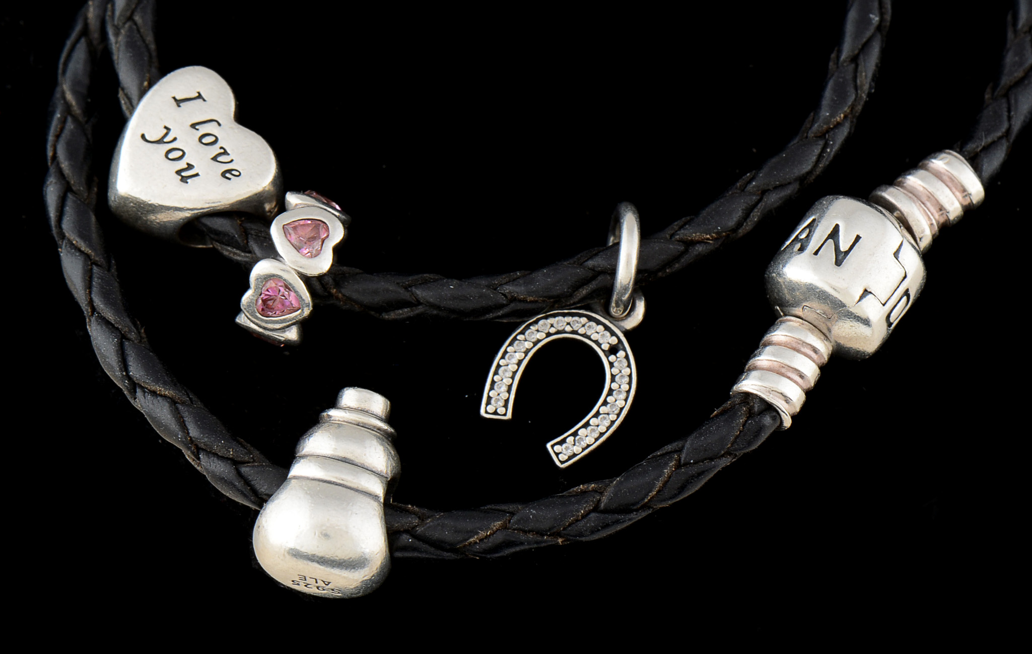 Pandora Sterling Silver Black Rope Cord Necklace with Four Charms