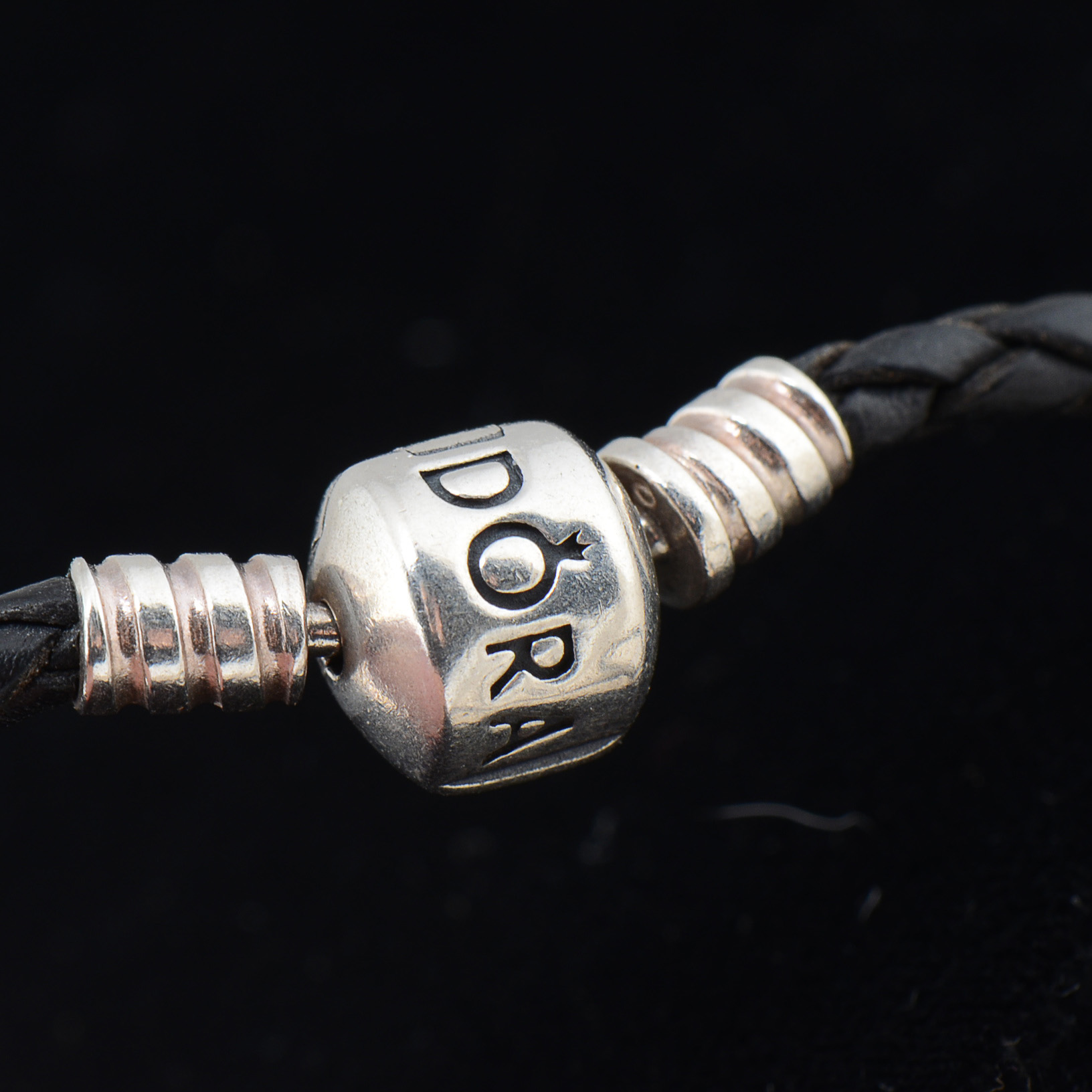 Pandora Sterling Silver Black Rope Cord Necklace with Four Charms