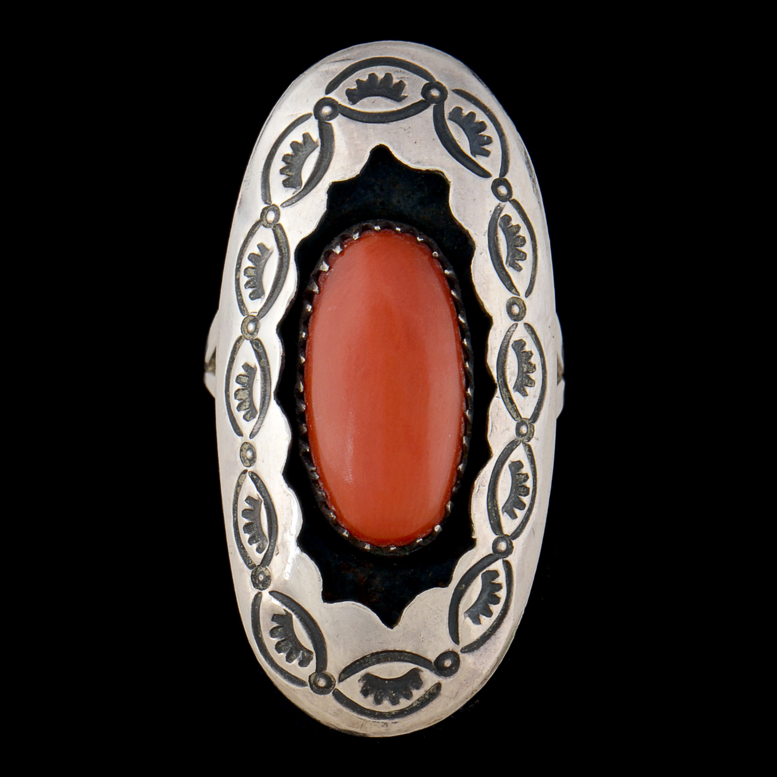 Native American Navajo Unmarked Sterling Silver and Red Coral Ring