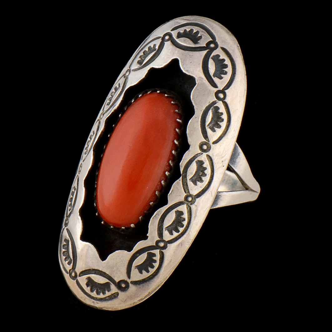 Native American Navajo Unmarked Sterling Silver and Red Coral Ring