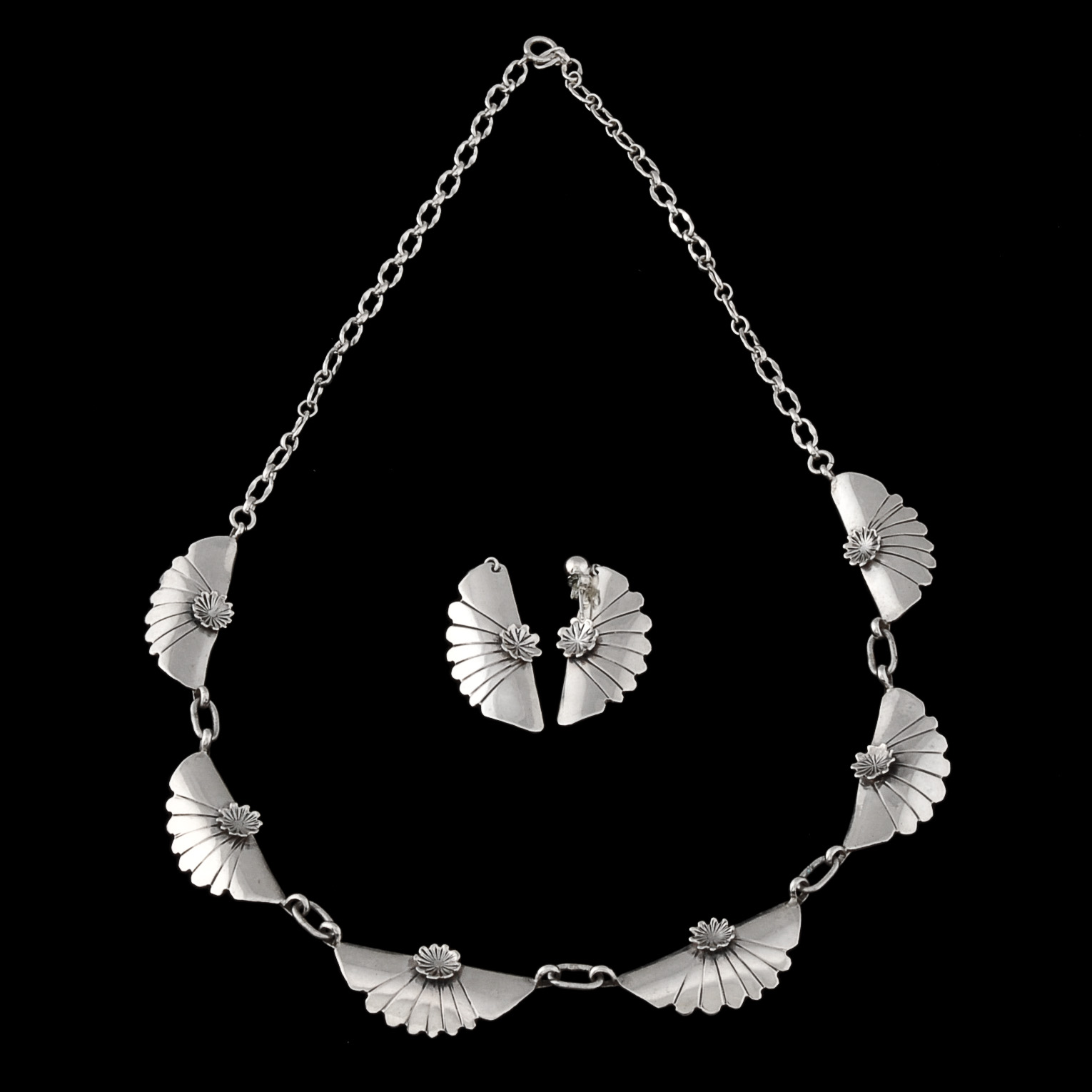 Eva Sando Signed Southwestern Sterling Silver Necklace and Pierced Earrings Set