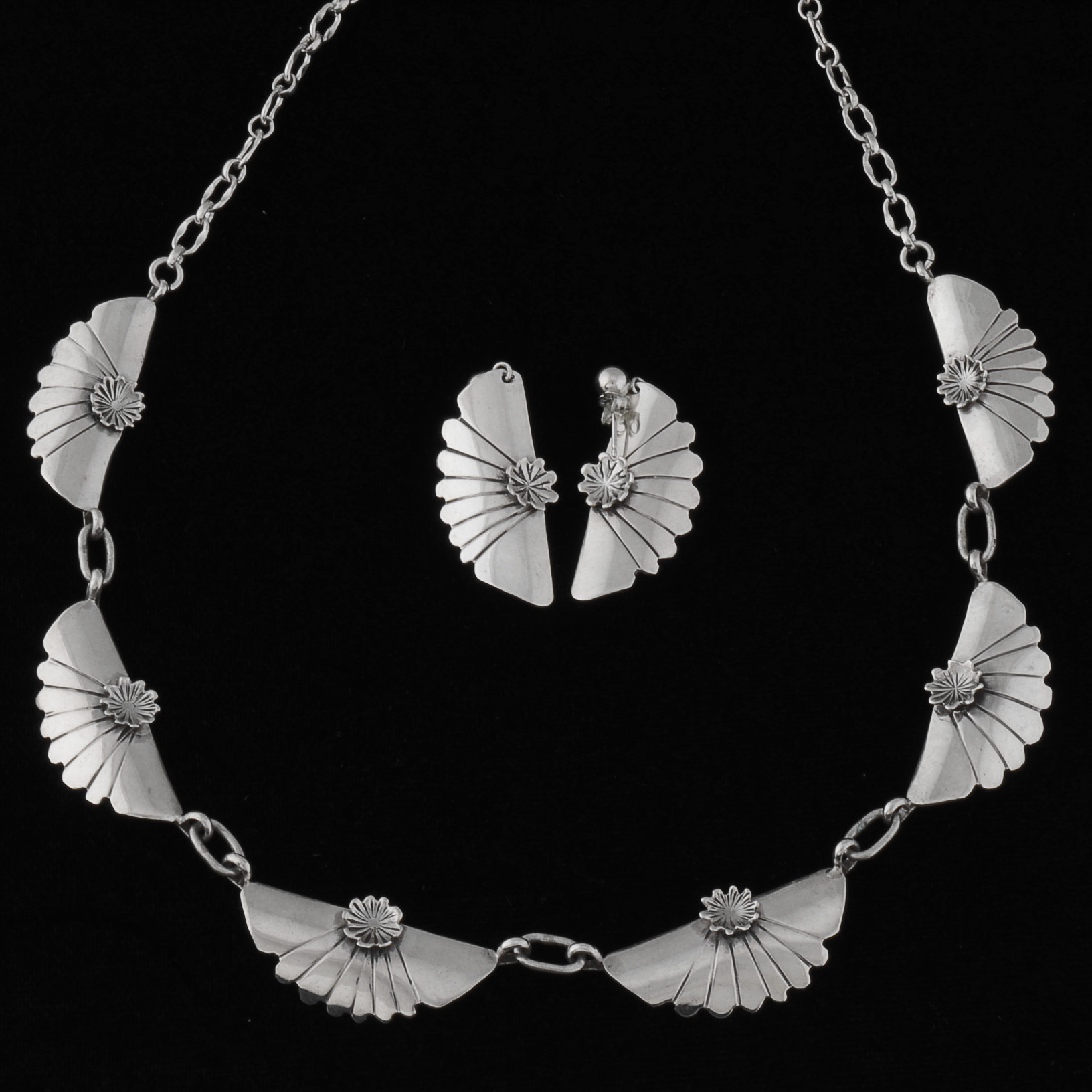 Eva Sando Signed Southwestern Sterling Silver Necklace and Pierced Earrings Set