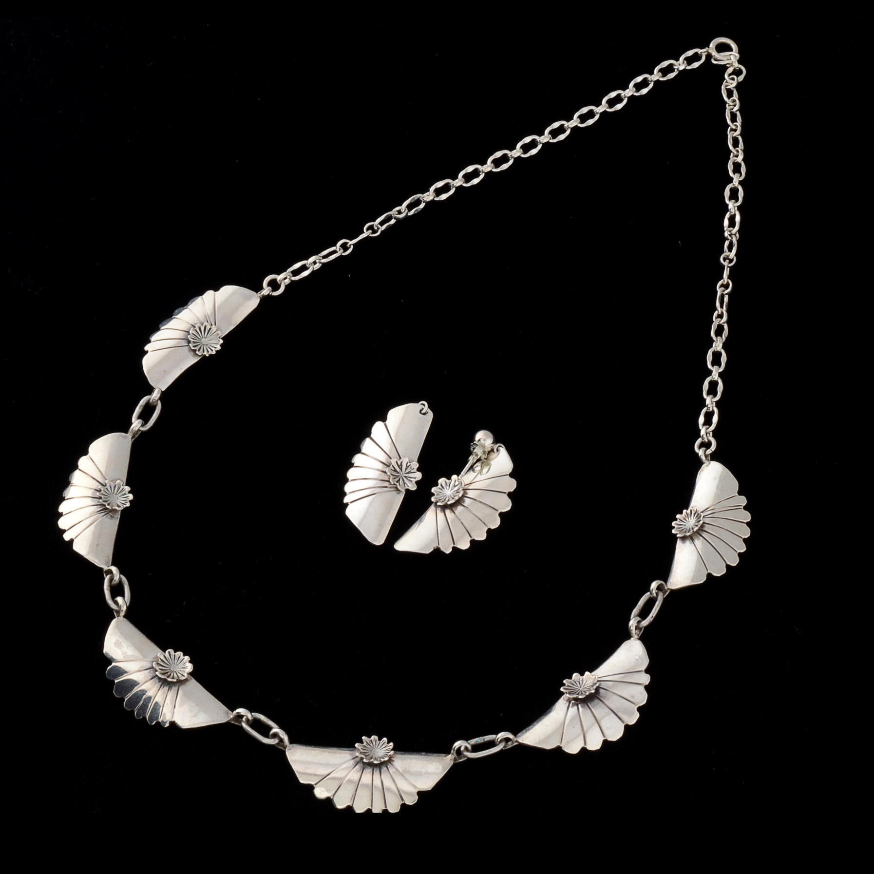 Eva Sando Signed Southwestern Sterling Silver Necklace and Pierced Earrings Set