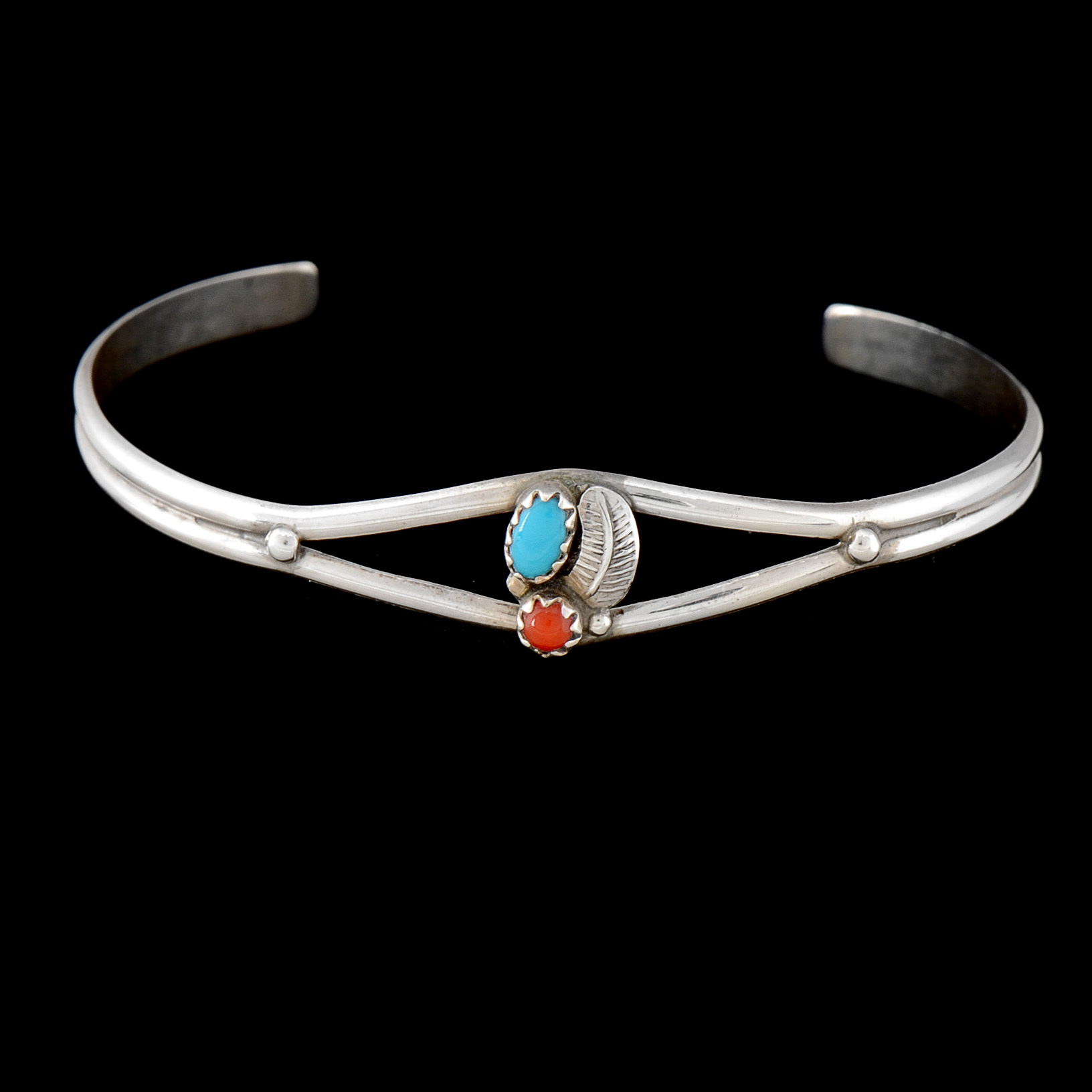 Native American Navajo Unmarked Sterling Silver, Turquoise and Red Coral Cuff