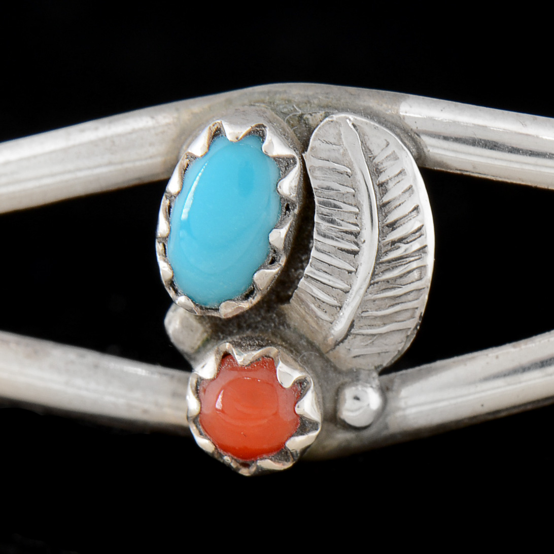 Native American Navajo Unmarked Sterling Silver, Turquoise and Red Coral Cuff