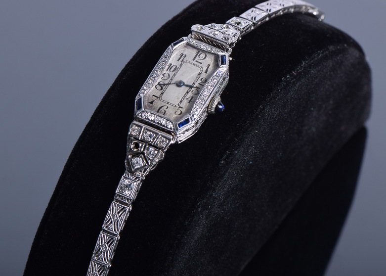Vintage 14K White Gold Diamond and Sapphire Watch