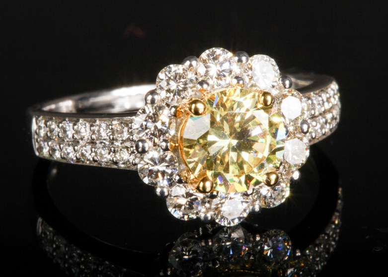 14K White Gold Diamond Ring with Yellow Zirconia