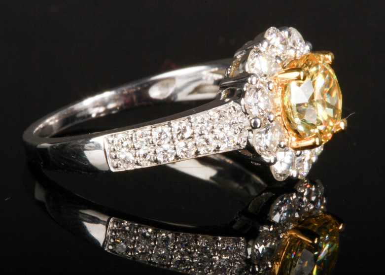 14K White Gold Diamond Ring with Yellow Zirconia