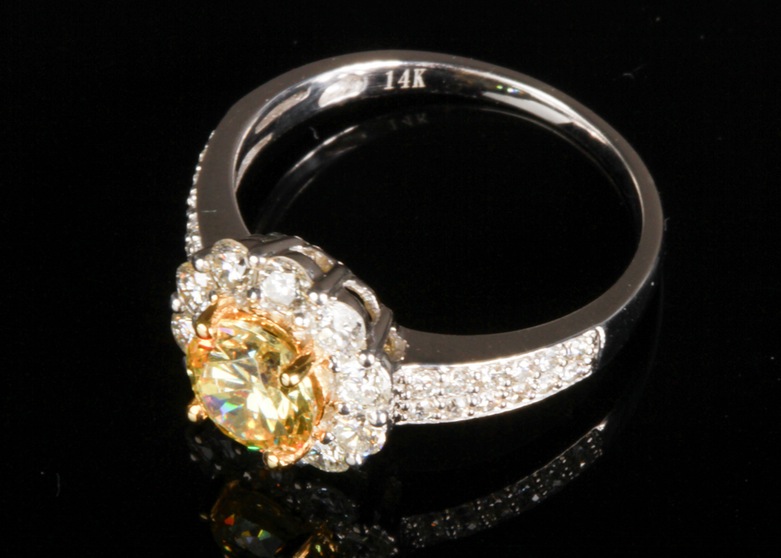 14K White Gold Diamond Ring with Yellow Zirconia