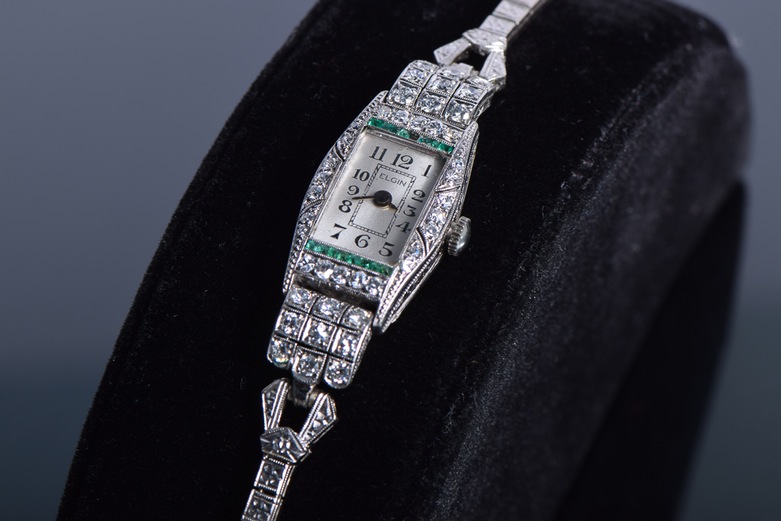 Antique Diamond and Emerald Elgin Wrist Watch