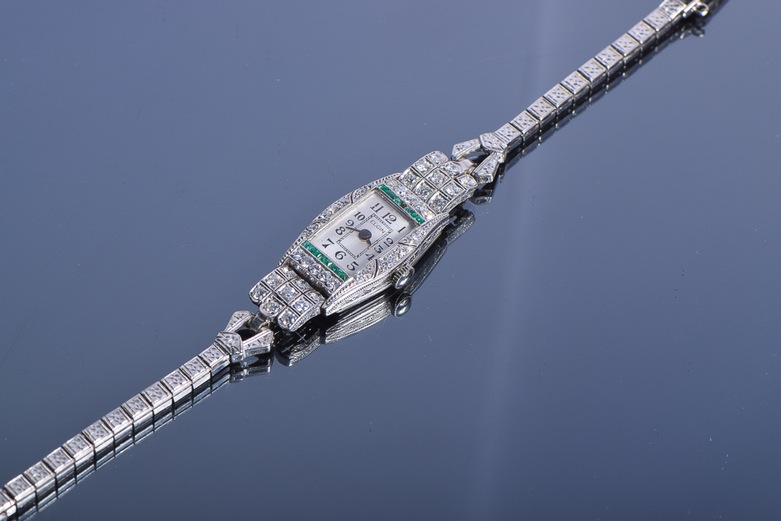 Antique Diamond and Emerald Elgin Wrist Watch