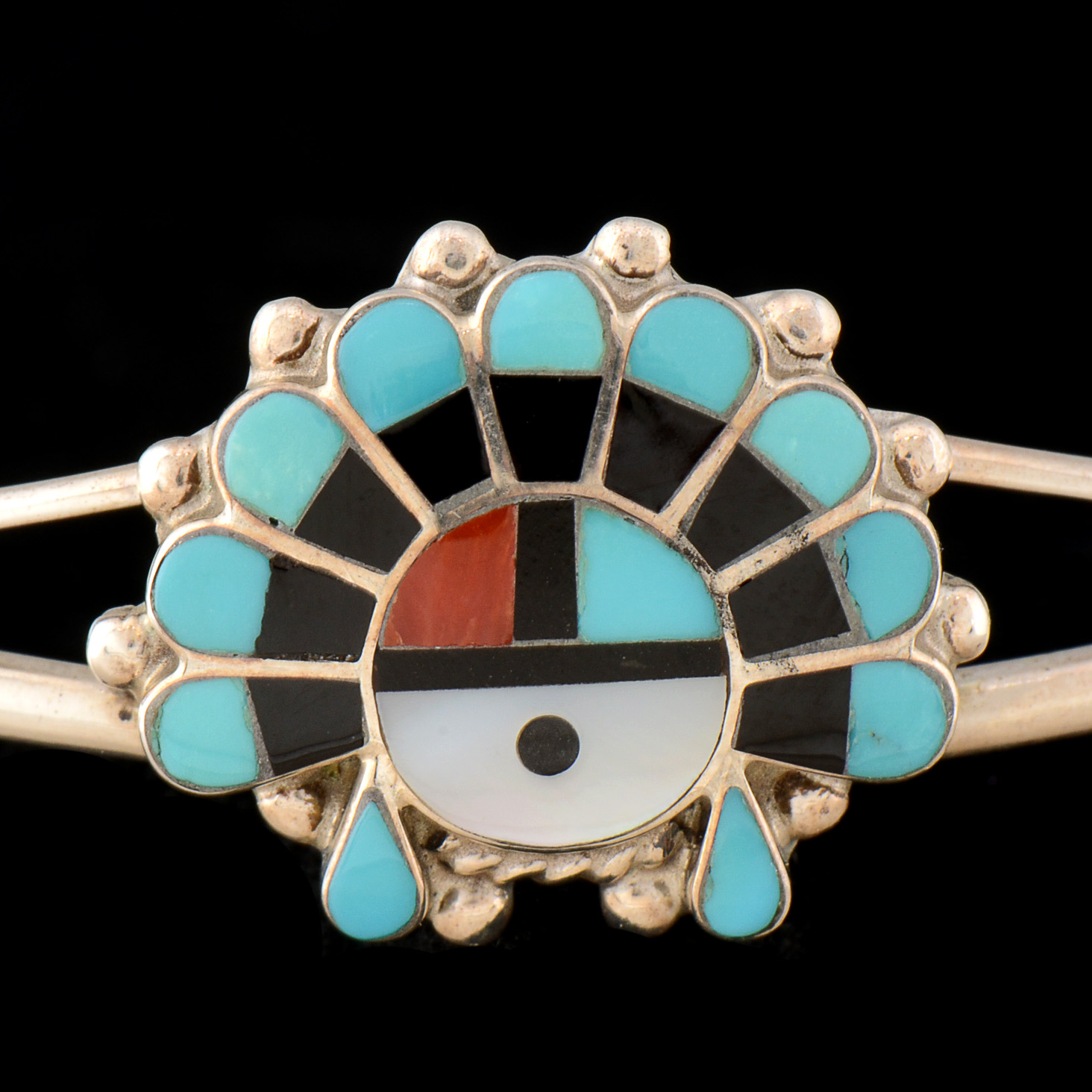 Zuni Sunface Sterling Silver Inlaid Split Cuff Bracelet