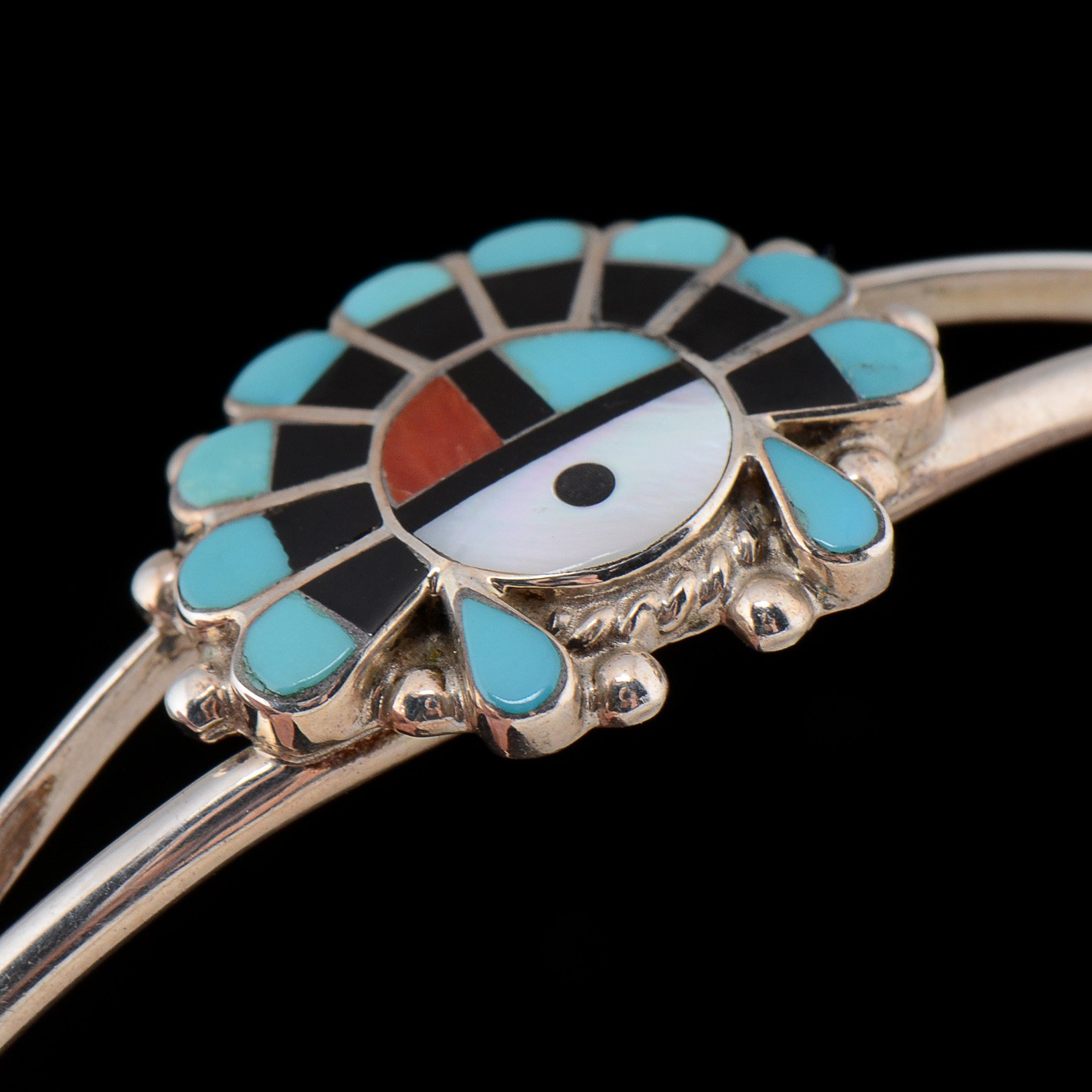 Zuni Sunface Sterling Silver Inlaid Split Cuff Bracelet