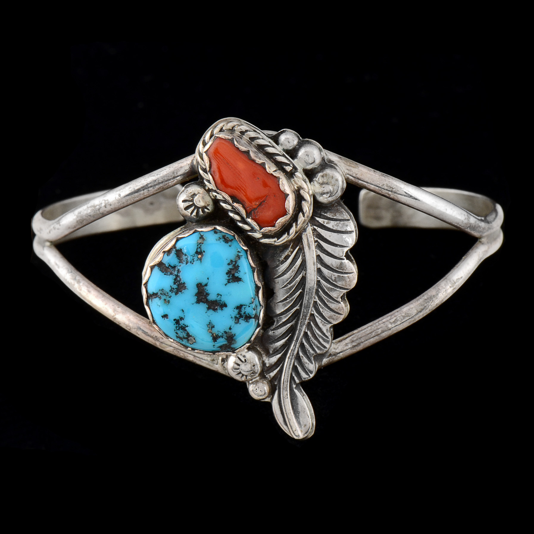 Danny Dale Signed Native American Navajo Sterling Silver, Turquoise and Red Coral Split Cuff