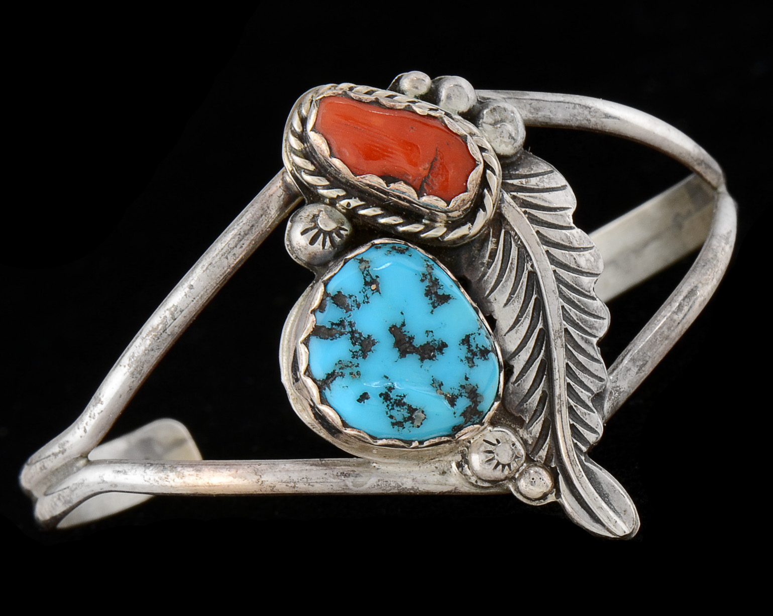 Danny Dale Signed Native American Navajo Sterling Silver, Turquoise and Red Coral Split Cuff