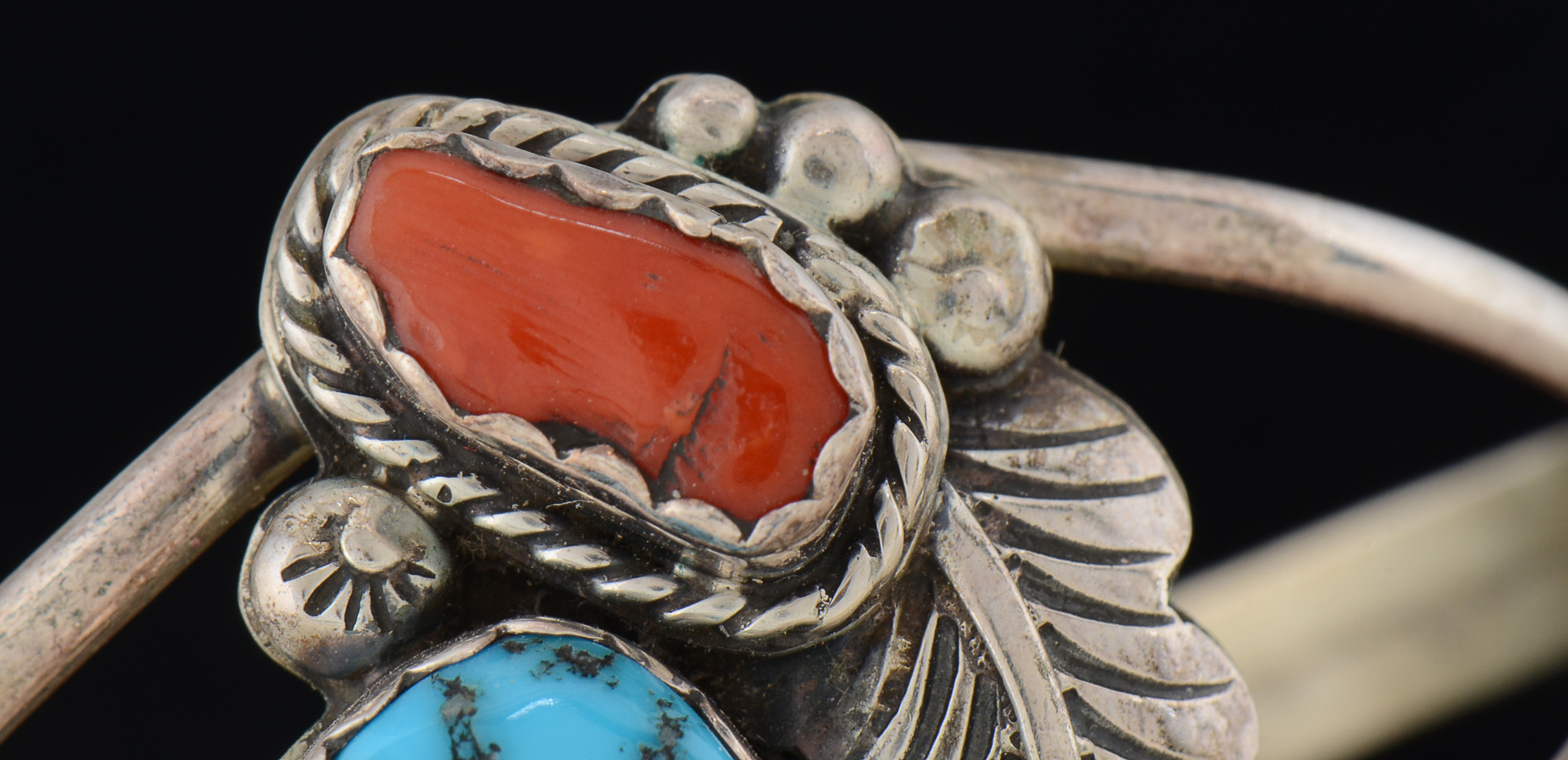Danny Dale Signed Native American Navajo Sterling Silver, Turquoise and Red Coral Split Cuff