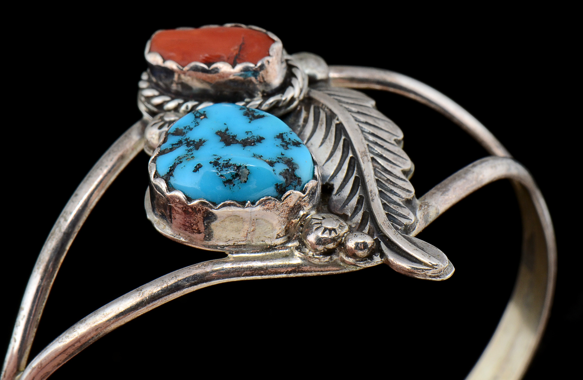Danny Dale Signed Native American Navajo Sterling Silver, Turquoise and Red Coral Split Cuff