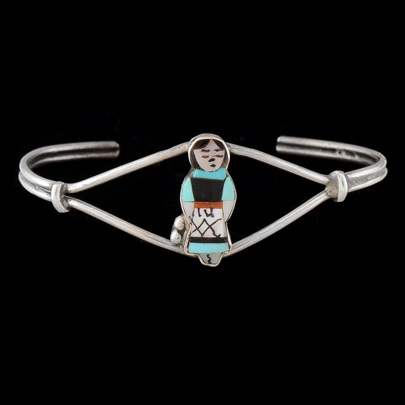 Janet Waseta Signed Sterling Silver Inlaid Zuni Storyteller Cuff