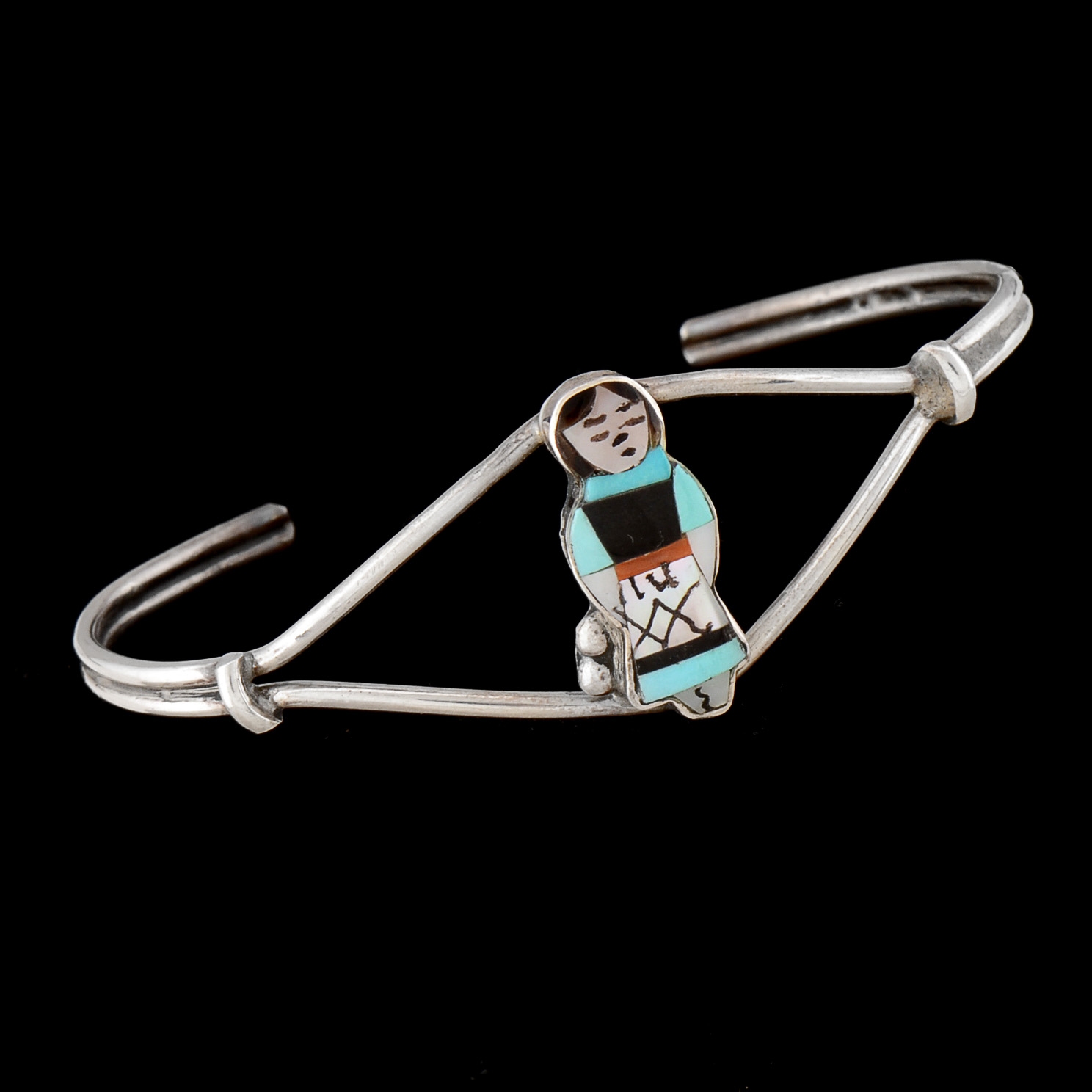 Janet Waseta Signed Sterling Silver Inlaid Zuni Storyteller Cuff