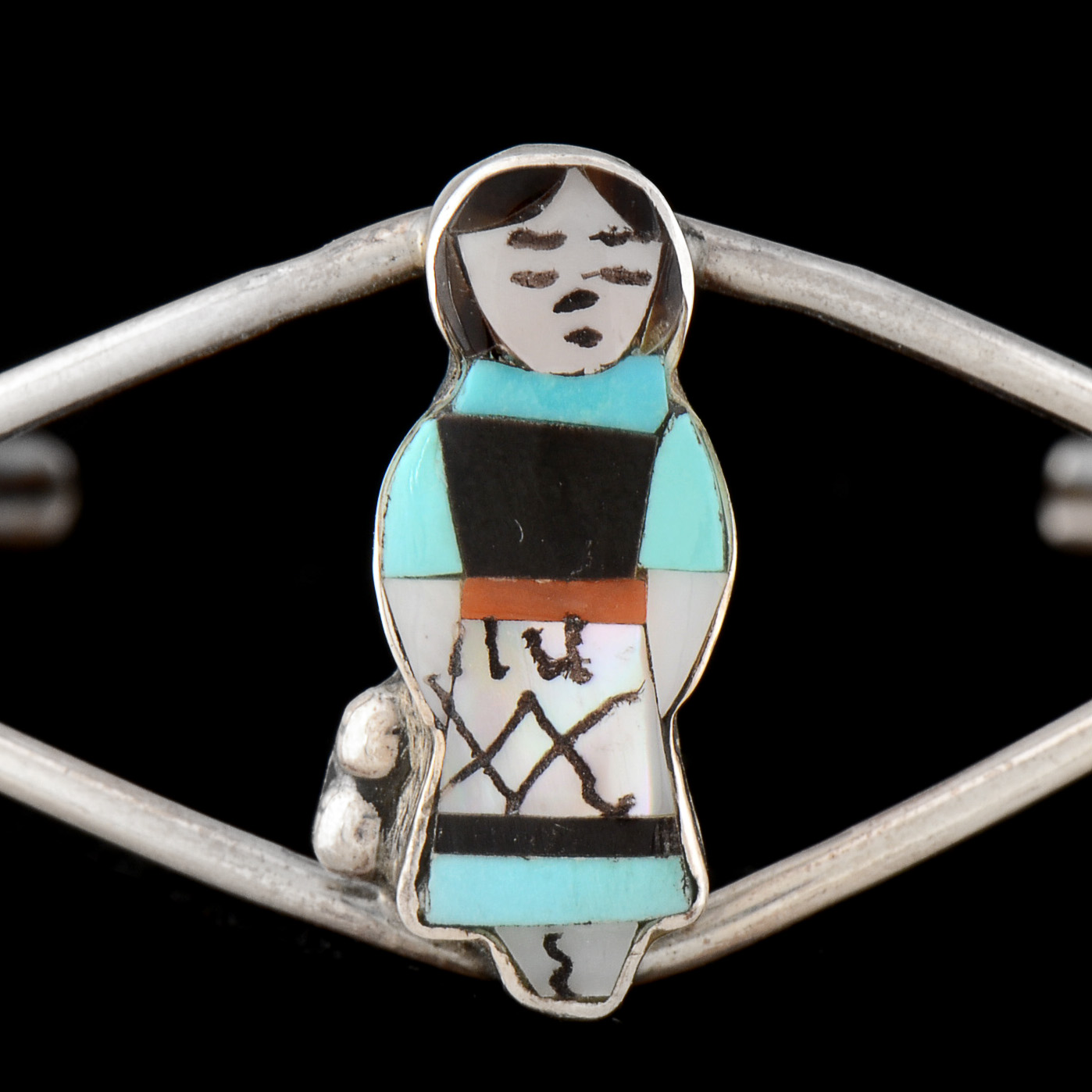 Janet Waseta Signed Sterling Silver Inlaid Zuni Storyteller Cuff